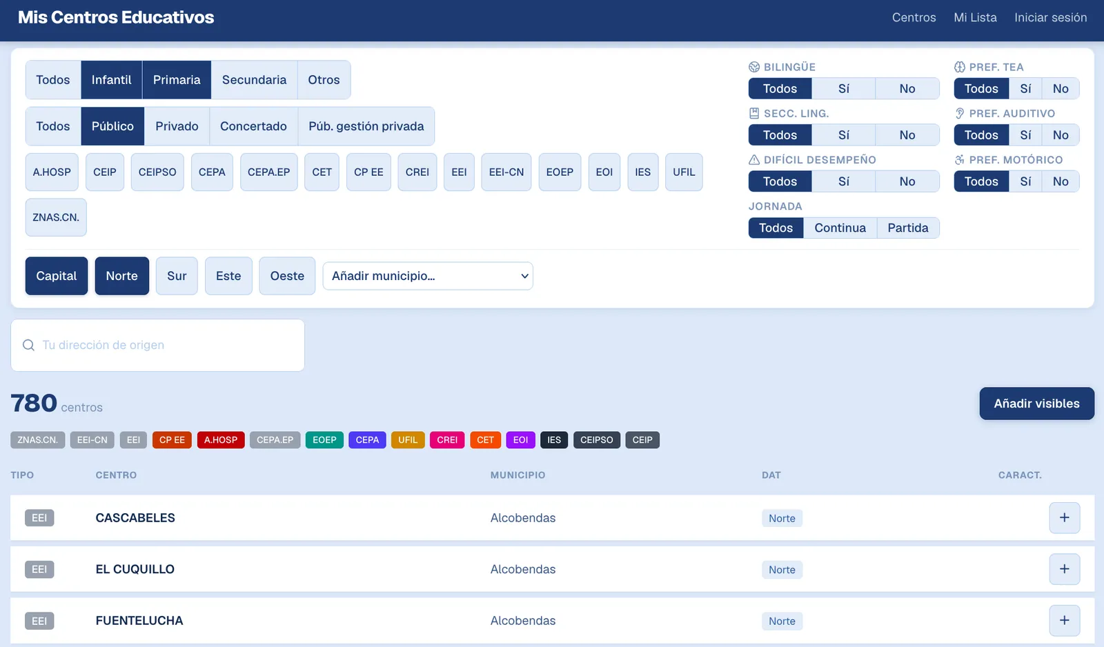 Screenshot of the Mis Centros Educativos school map and filters